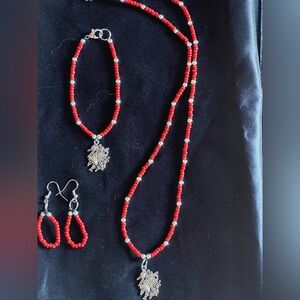 Red Beaded Jewelry Set with Silver Accents